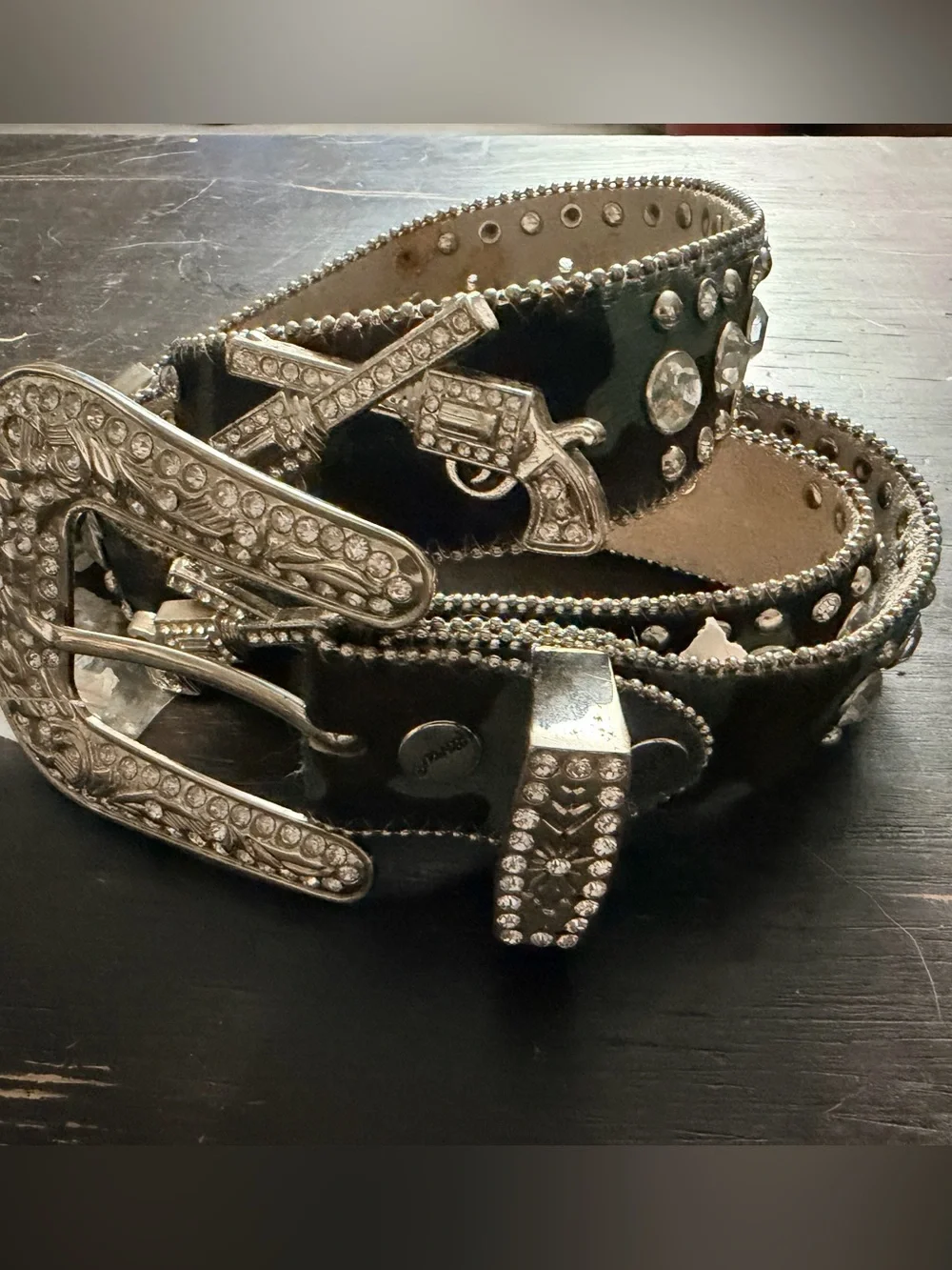 Camo green cowhide rhinestone gunslinger pistols western bling belt large